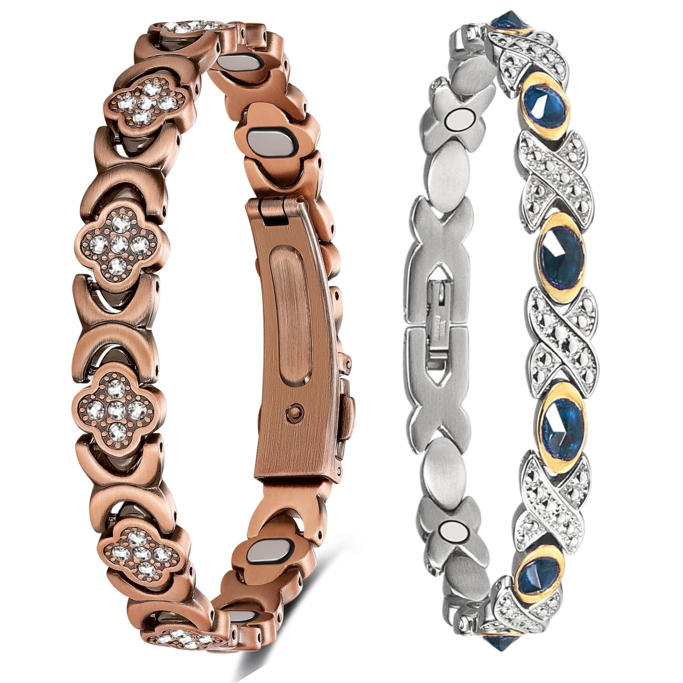 Wollet Clover Rold Gold Copper Magnetic Bracelets,Stainless Steel Bracelet with Red CZ,Magnetic Jewelry Set for Women