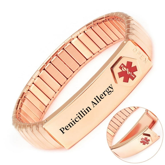 Wollet Convenient Expandable Medical Alert Bracelets, Rose Gold ID Bangles for Women, Pre Engraved Penicillin Allergy, 18cm/7 inches (Stretchable)