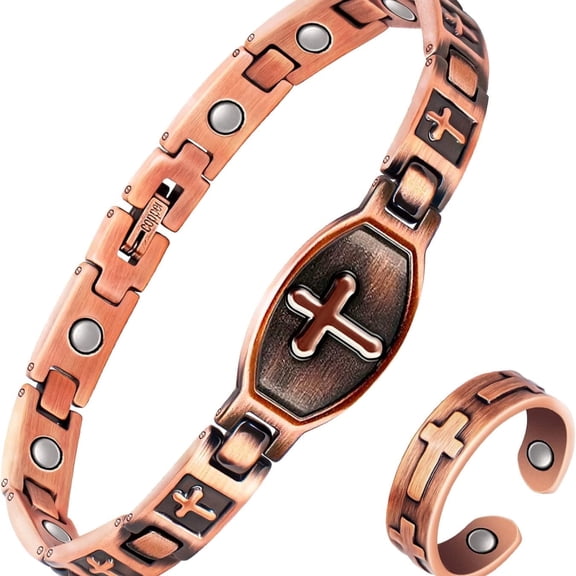 Wollet Cross Copper Magnetic Bracelets RingPure Copper Jewelry Set for Women
