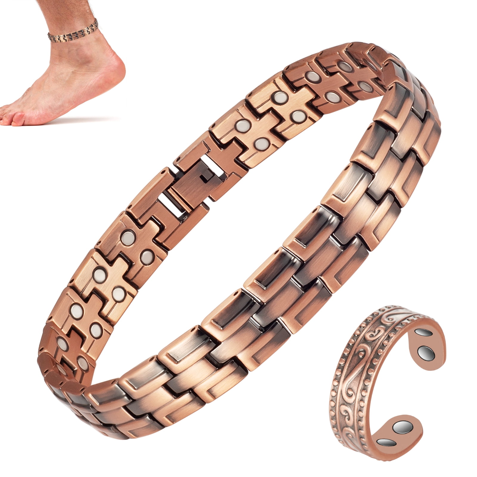 Wollet Copper Magnetic Ankle Bracelet for Men, 10.6 inches, Adjustable 99.99% Pure Copper Anklet+Copper Ring