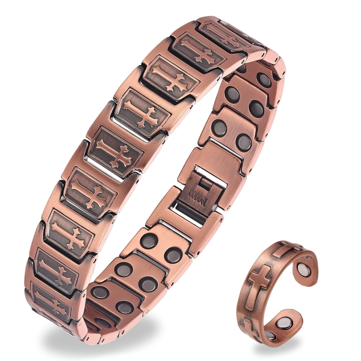 Wollet Copper Magnetic Bracelet Ring Set for Men, Adjustable Cross，99.99% Pure Copper Jewelry Gift for Dad