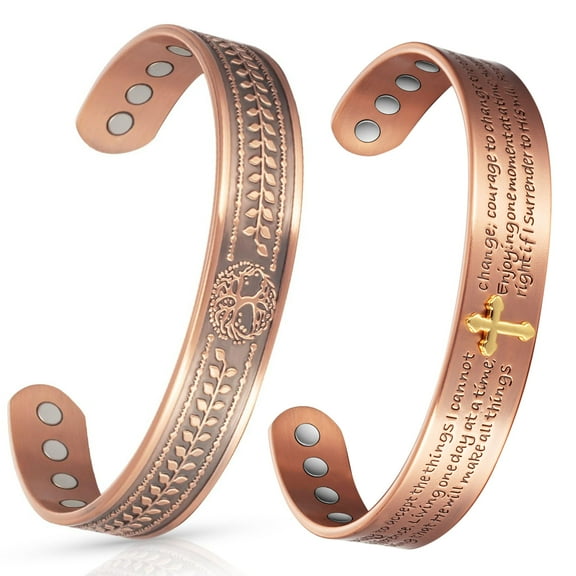 Wollet Copper Magnetic Bracelet for Men Women, Cross Tree of Life, Cuff Copper Jewelry Set