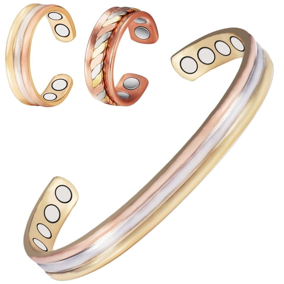 Wollet Copper Magnetic Bracelets+2 Copper Rings for Women, Set of 3 , Tri Color, Fashion Gift for Daughter Mom Wife