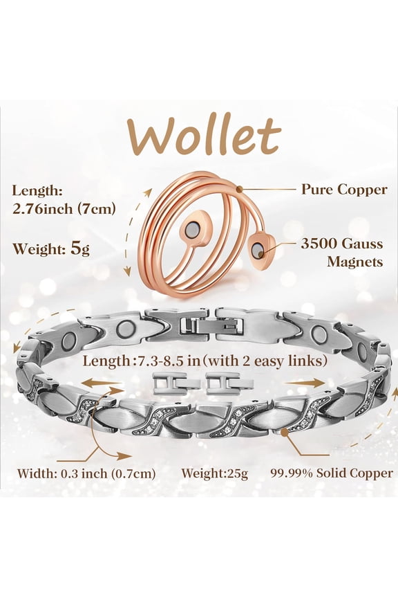 Copper Magnetic Bracelets Set for Women,Crystal Bracelet,Copper Ring Jewelry Gift