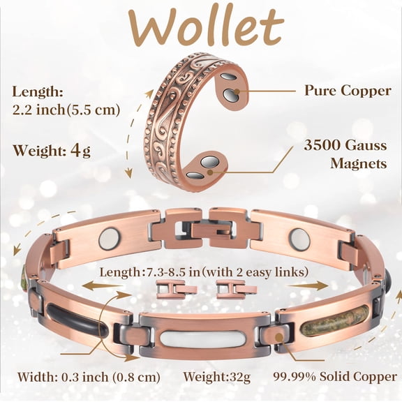 Wollet Copper Magnetic Bracelets for WomenColorful Cateye Bracelet+Copper Ring,Jewelry Gift Set