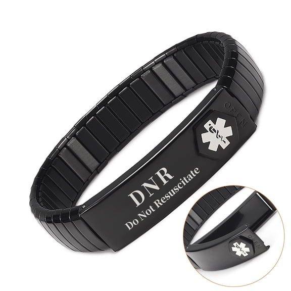 Magnetia Elastic Black Medical Alert Bracelets for Men, Pre-Engraved DNR (Do Not Resuscitate), 8.26''（Stretchable )，21CM, Come with A Medical info Card, Jewelry Gifts for Dad Husband, Width:0.5''