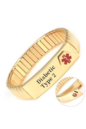 Elastic Gold Medical Alert Bracelets for Men, Pre- Engraved Diabetic Type 2, (8.26'' Stretchable )21CM, Stainless Steel ID Bangles, Width:0.5''