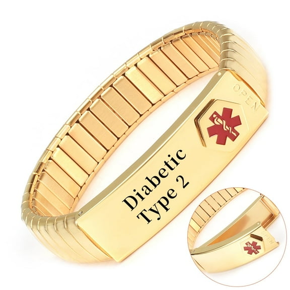 Wollet Elastic Gold Medical Alert Bracelets for Men, Pre- Engraved Diabetic Type 2, (8.26'' Stretchable )21CM, Stainless Steel ID Bangles, Width:0.5''