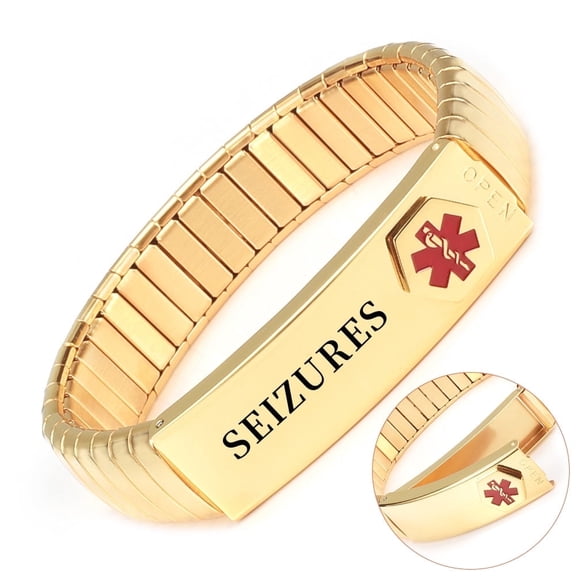 Magnetia  Elastic Gold Medical Alert Bracelets for Men, 8.26'' (Stretchable)21CM, , SEIZURES,