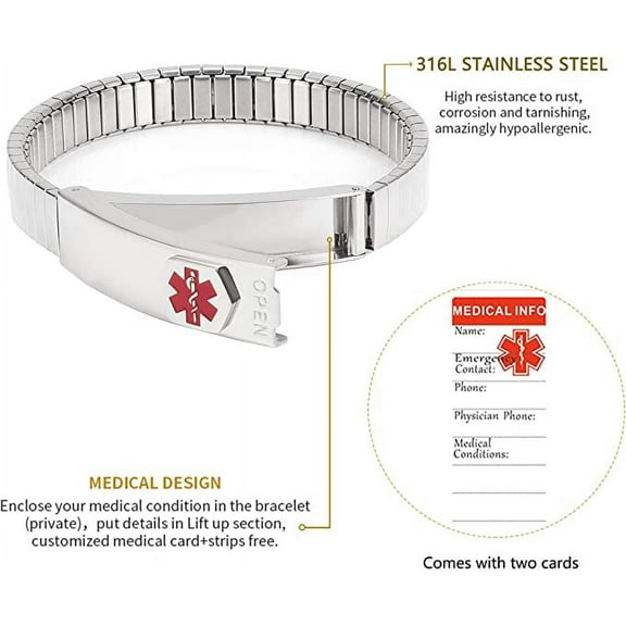 Wollet Elastic Medical Alert Bracelet for Women, 17.5CM, Stainless Steel Elastic ID Bracelet, Gift for Mom, Wife, Engraved Silver