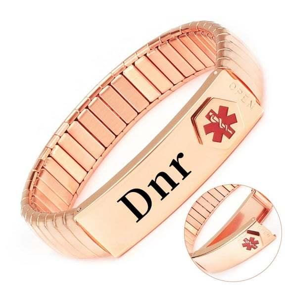 Wollet Elastic Rose Gold Medical Alert Bracelets for Women Men, 7.5'' (Stretchable)19CM, ID Bangles, Pre Engraved DNR(Do Not Resuscitate), Width:0.5''