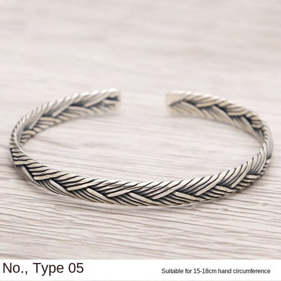 Wollet Handmade S925 Sterling Silver Bracelet Women, Fit to 5.9-7'' Wrist, Vintage Twine Woven Thai Silver Bangle Bracelet, Open End
