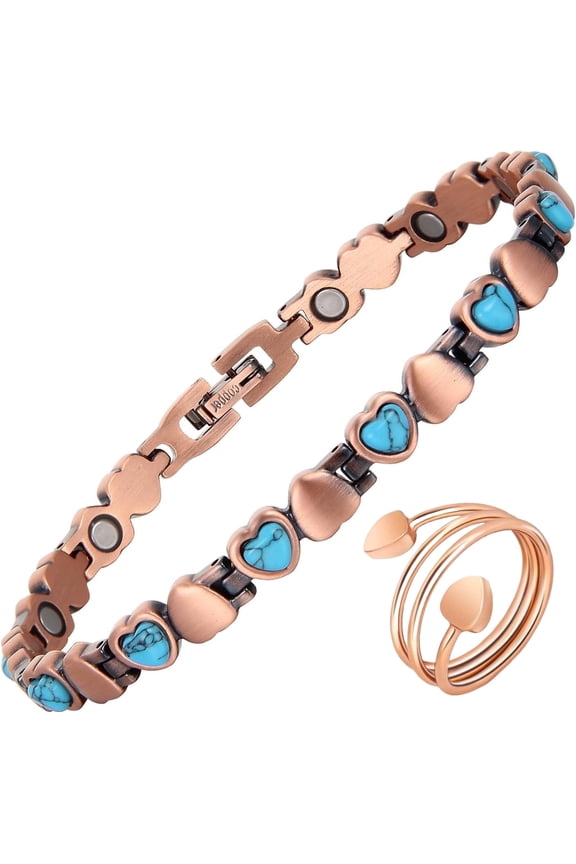 Heart Copper Magnetic Bracelets Set for Women,Turquoise Bracelet,Copper Ring Jewelry Gift