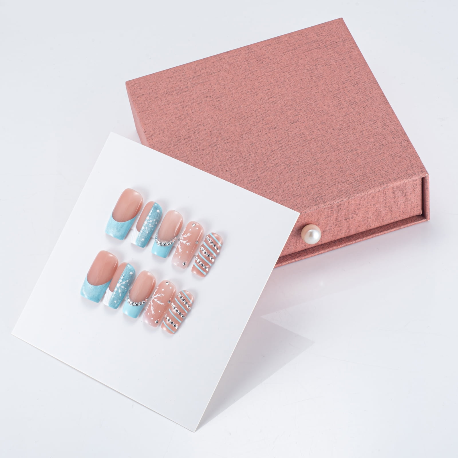 Wollet Icy Blue Snowfall Square Press-On Nails, Handcrafted Acrylic,10PCS Reusable