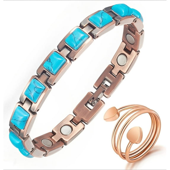 Wollet Copper Magnetic Bracelet Rings for Women, Blue Turquoise Bracelet, Jewelry Gift for Mother's Day