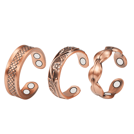 Wollet Jewelry Pure Copper Rings Set of 3pcs Magnetic Copper Ring with Magnets Adjustable Size for Women