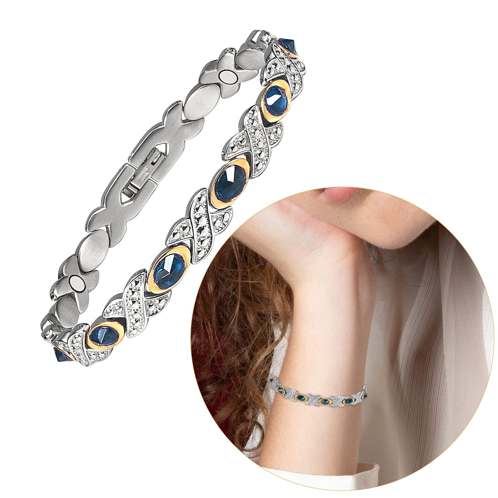 WOLLET Magnetic Bracelet for Women Ladies, 7.8 inches, Bracelet with Blue Crystals