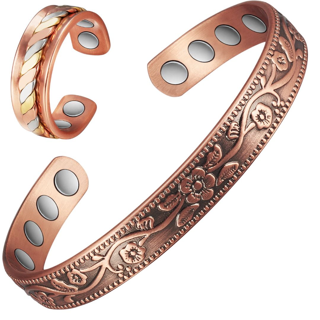 Wollet Magnetic Copper Bangles Bracelets & Ring for Women, Floral Design, Pure Copper Jewelry Set, Christmas Gift