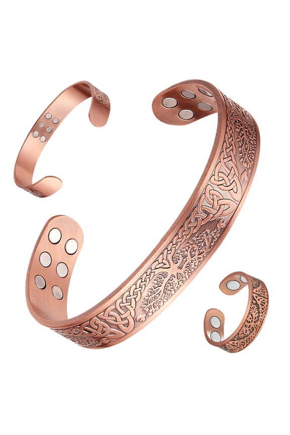 Magnetic Copper Bracelets Ring Set for Men Women , Pure Copper Jewelry Set of 2
