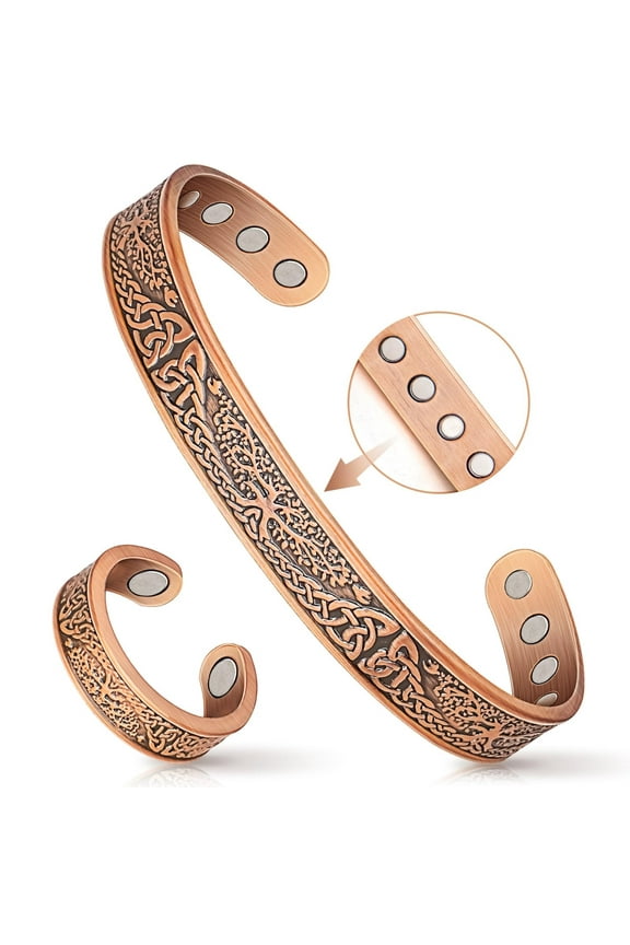 Wollet Magnetic Copper Bracelets Ring Set for Women, Solid Copper Jewelry