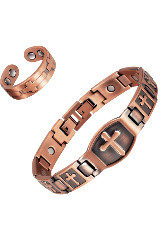 Magnetic Copper Bracelets& Ring for Men,Cross Design, Copper Jewelry Set