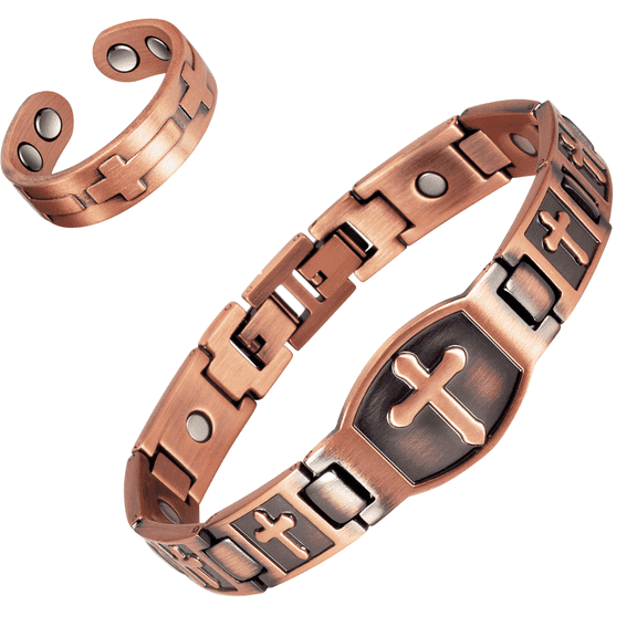 Wollet Magnetic Copper Bracelets& Ring for Men,Cross Design, Copper Jewelry Set
