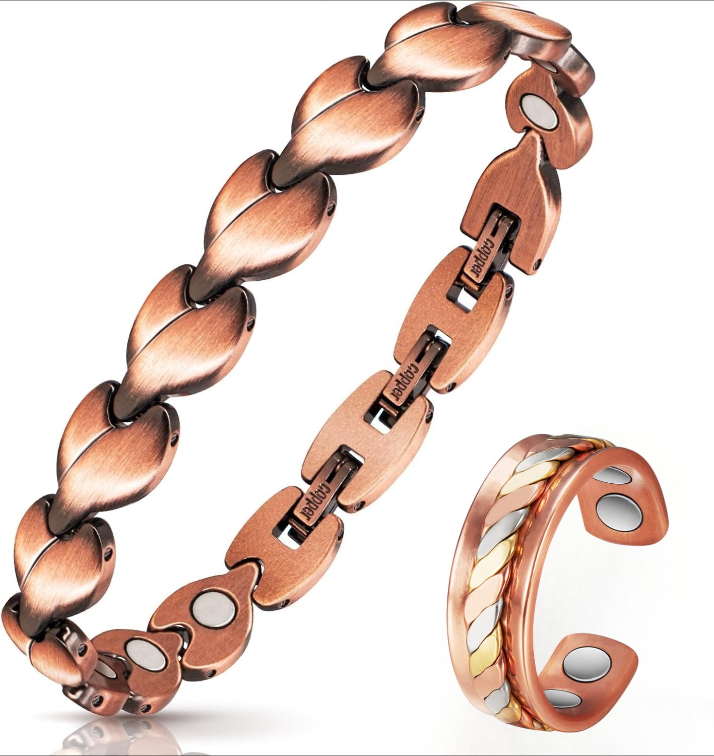 Wollet Copper Magnetic Bracelets & Ring for Women, Pure Copper Jewelry Set, Christmas Gift