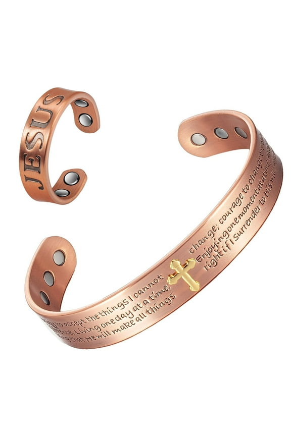 Magnetic Copper Bracelets & Ring for Women Men, Cross Copper Jewelry Set, Valentine's Day Gift