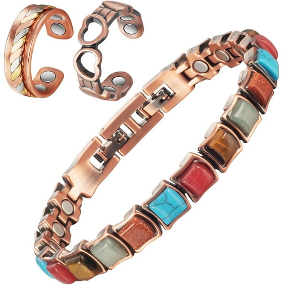 Wollet Magnetic Copper Bracelets Rings Set for Women with Multicolor Turquoise Stone, Set of 3, Copper Jewelry Set, Fashion Christmas Gift