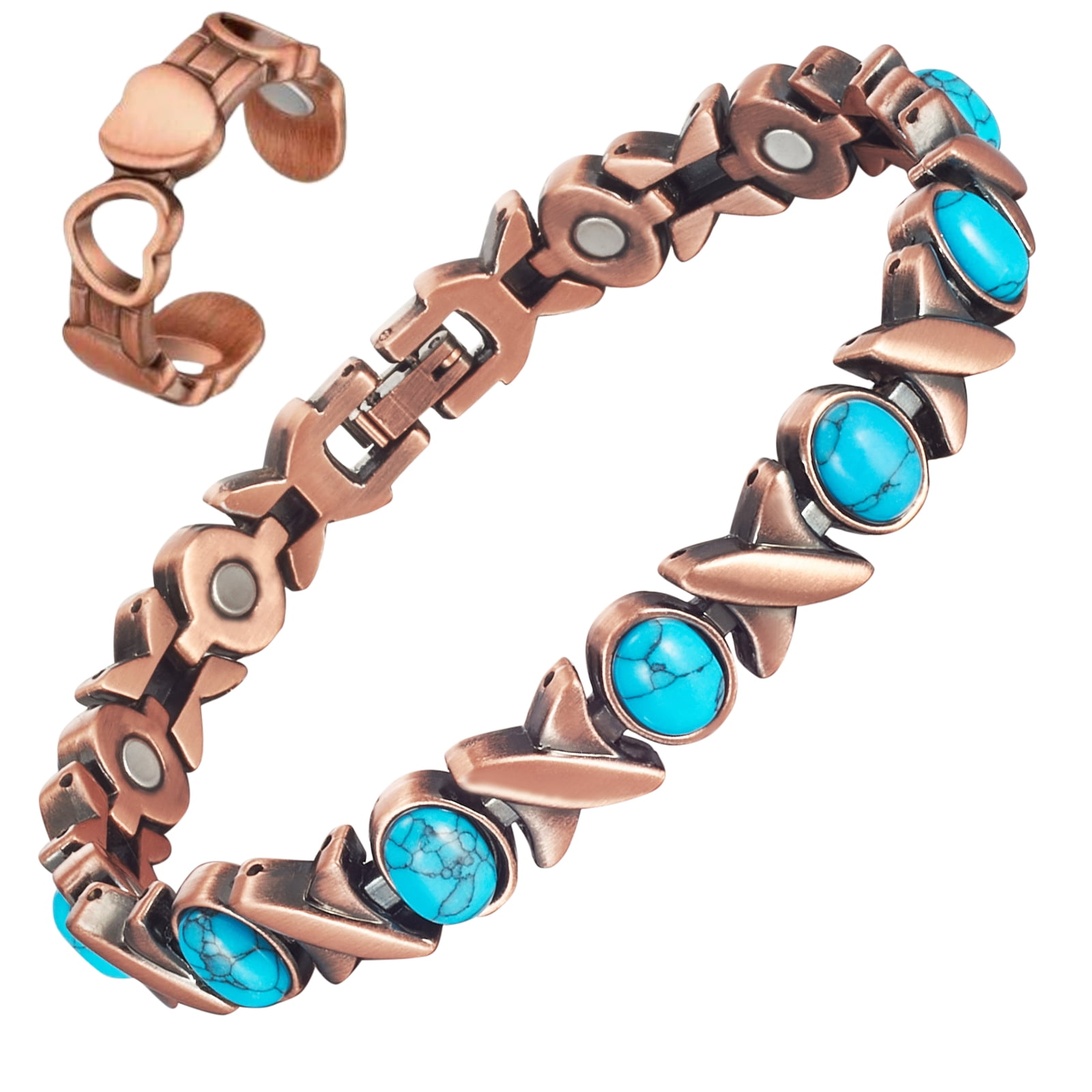 Wollet Magnetic Copper Bracelets for Women，Turquoise Bracelet for Women+Copper Ring