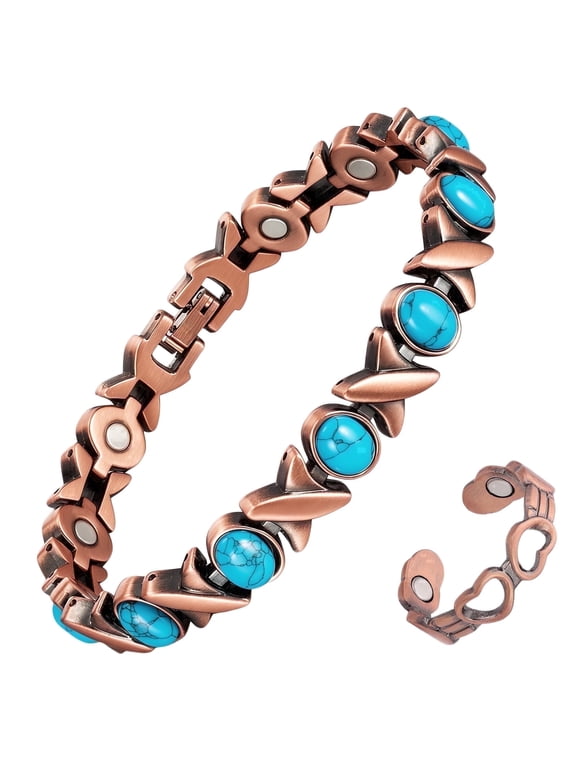 Fashion Copper Bracelets for WomenTurquoise Blue Bracelet for Women + Copper Ring