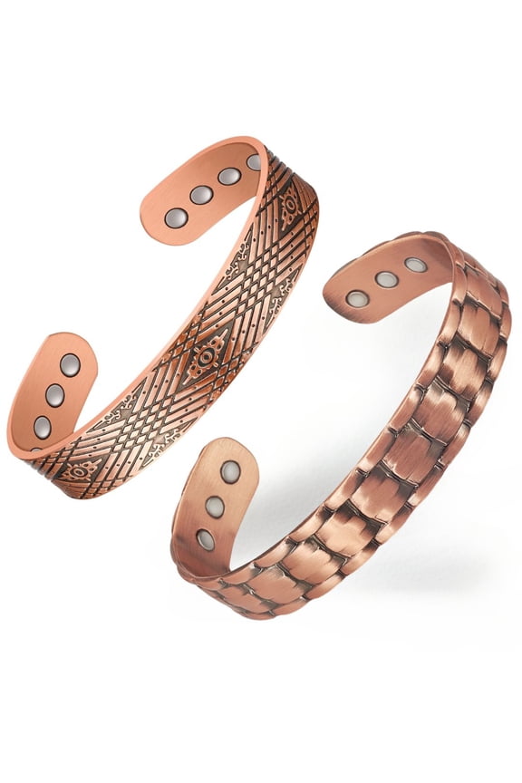 Magnetic Copper Cuff Bracelet for Men, Classic Design,7 in, Set of 2,