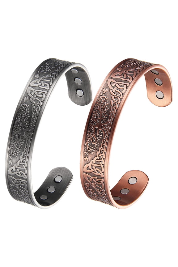 Magnetic Copper Cuff Bracelet for Men, Silver & Copper IRIS TREE Bangles,Set of 2