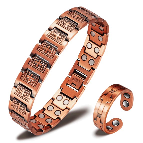 Wollet Magnetic Cross Copper Link Bracelets for Men+ Copper Cross Rings, Set of 2