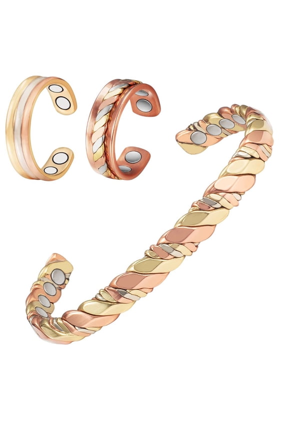 Magnetic Gold Copper Bracelets+2 Copper Rings for Women, Hand Braided Design, Set of 3 , Fashion Health Christmas Gift