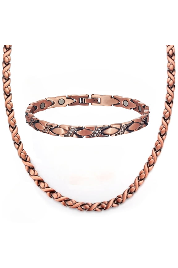 Magnetic Heart Copper Necklace&Bracelet for Women,Stone Bracelet,Pure Copper Jewelry Set of 2 (20inches +8 inches)