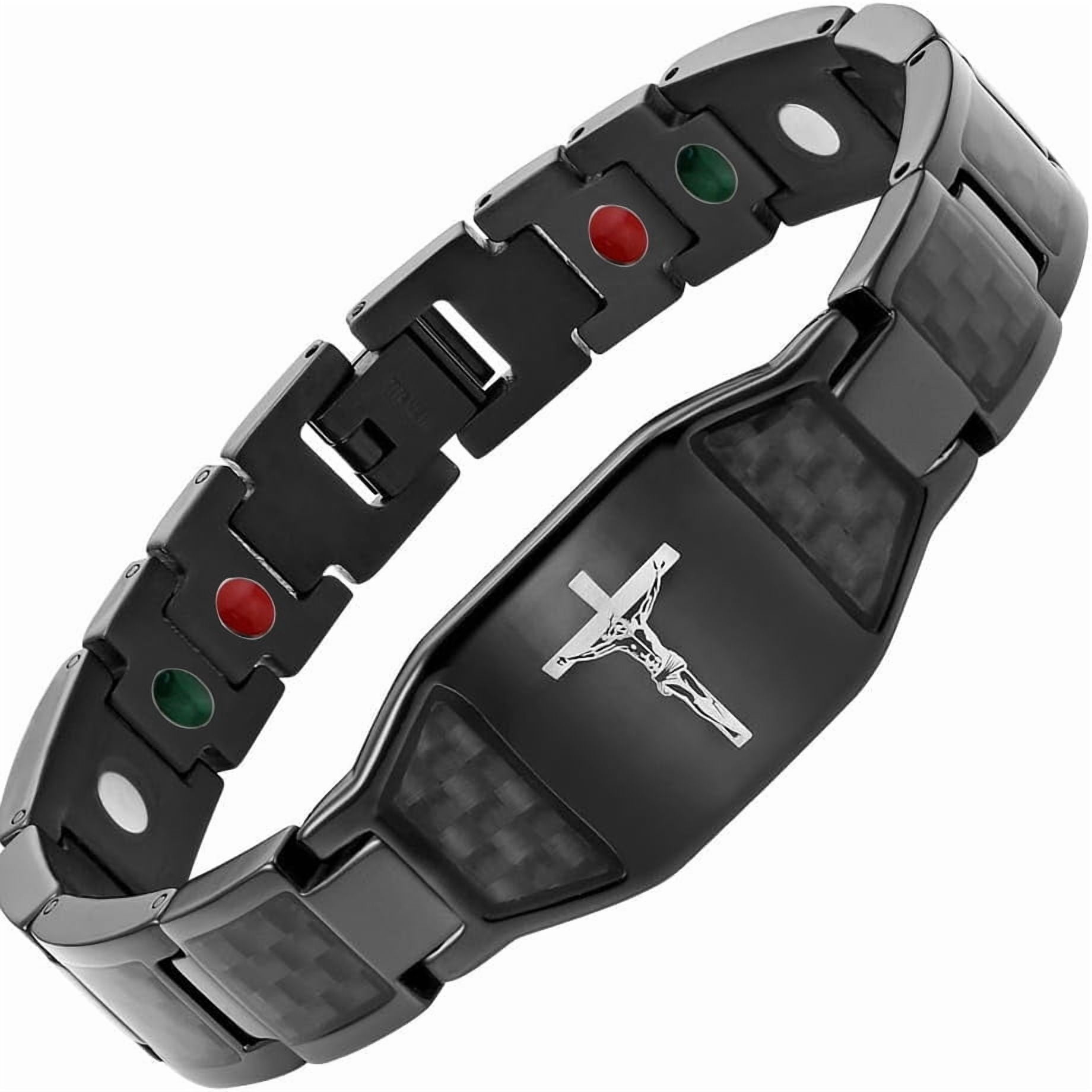 Wollet Magnetic Stainless Steel Black Carbon Fiber Bracelet For Men With Crucifix Christian Gift