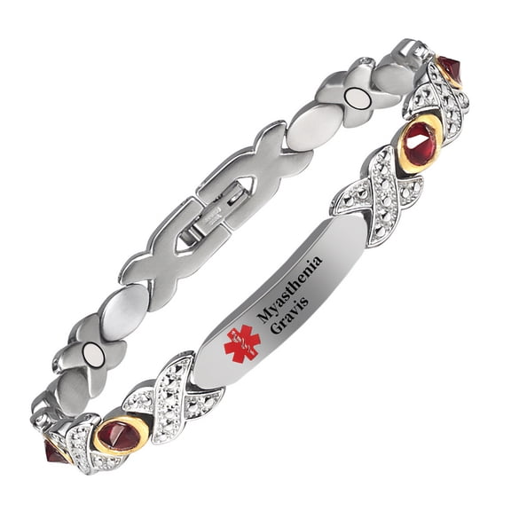 Wollet Magnetic Stainless Steel Medical Alert ID Bracelet for Women, Engraved Myasthenia Gravis