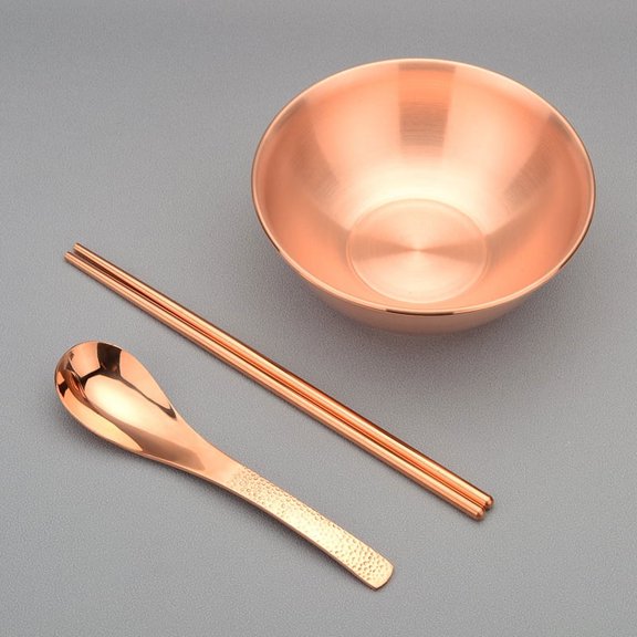 Wollet 99.9% Pure Copper Flatware Set of 3, Bowl + Chopsticks + Spoon, Copper Tableware