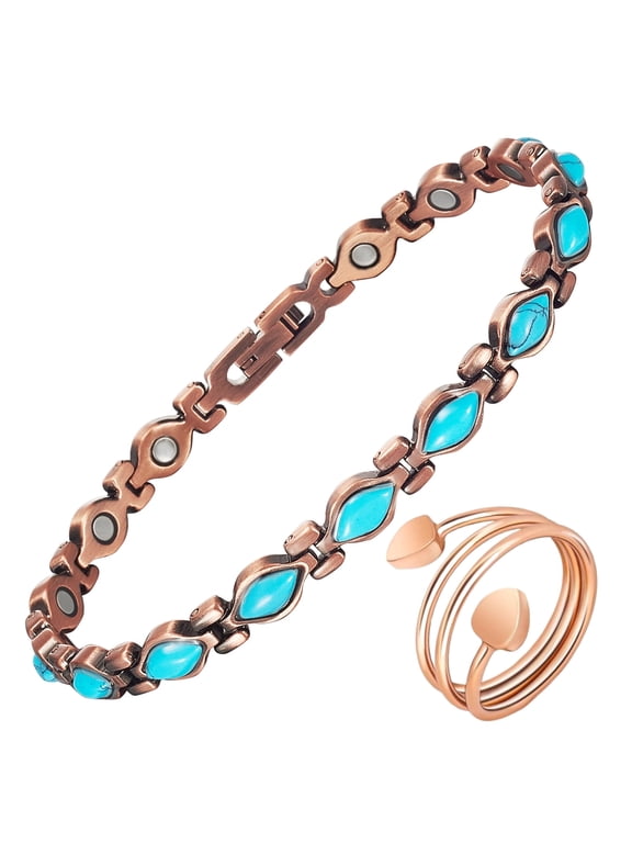 Pure Copper Bracelet Ring for Women, Blue Turquoise Bracelet, Fashion Jewelry Gift for Mom Daughter