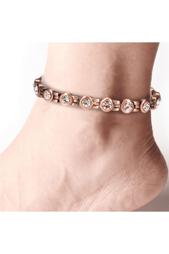 Pure Copper Magnetic Anklets for Women, 9.5 inches, Cubic Zirconia Ankle Bracelets, Vintage Copper Jewelry,Gift for Mom Wife
