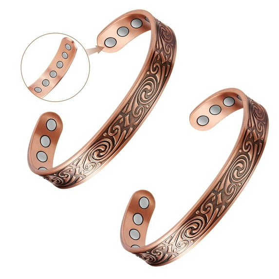 Wollet Pure Copper Magnetic Bracelet for Men with 12X Magnets, Adjustable Cuff Bangle,Set of 2
