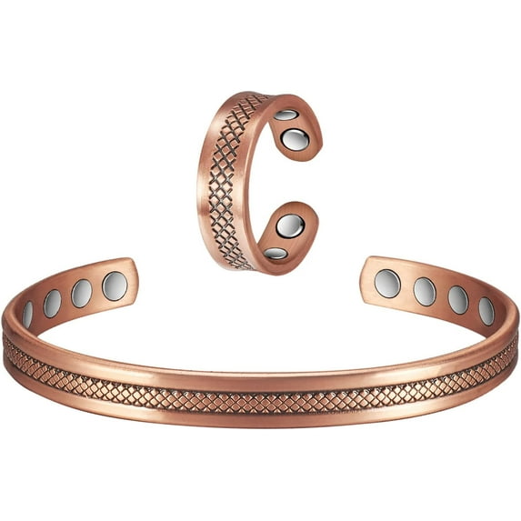 Wollet Pure Copper Magnetic Bracelets(6.88 inches)+Rings(2.3 inhces) Set- Copper Jewelry Gift Set-Adjustable Solid Pure Copper Cuff Bangle