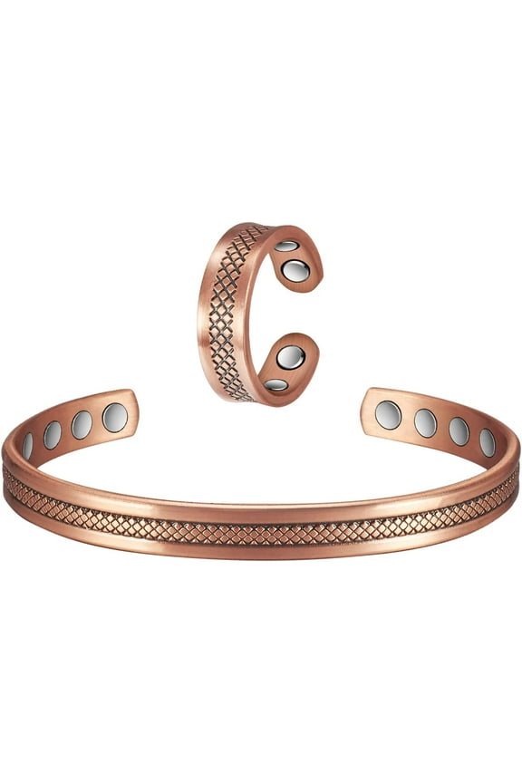 Wollet Pure Copper Magnetic Bracelets(6.88 inches)+Rings(2.3 inhces) Set- Copper Jewelry Gift Set-Adjustable Solid Pure Copper Cuff Bangle