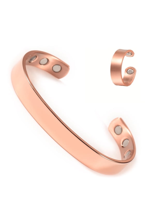Wollet Pure Copper Rings & Copper Bracelets Set, Classic 6.5'' Pure Copper Bangles, Health Magnetic Copper Jewelry Gifts