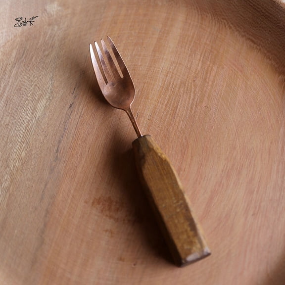Wollet Solid Wood Copper Spoon Fork 9.5cm(3.7''), Handmade Copper Tableware,Fruit Fork, Dessert Coffee Stirring Spoon