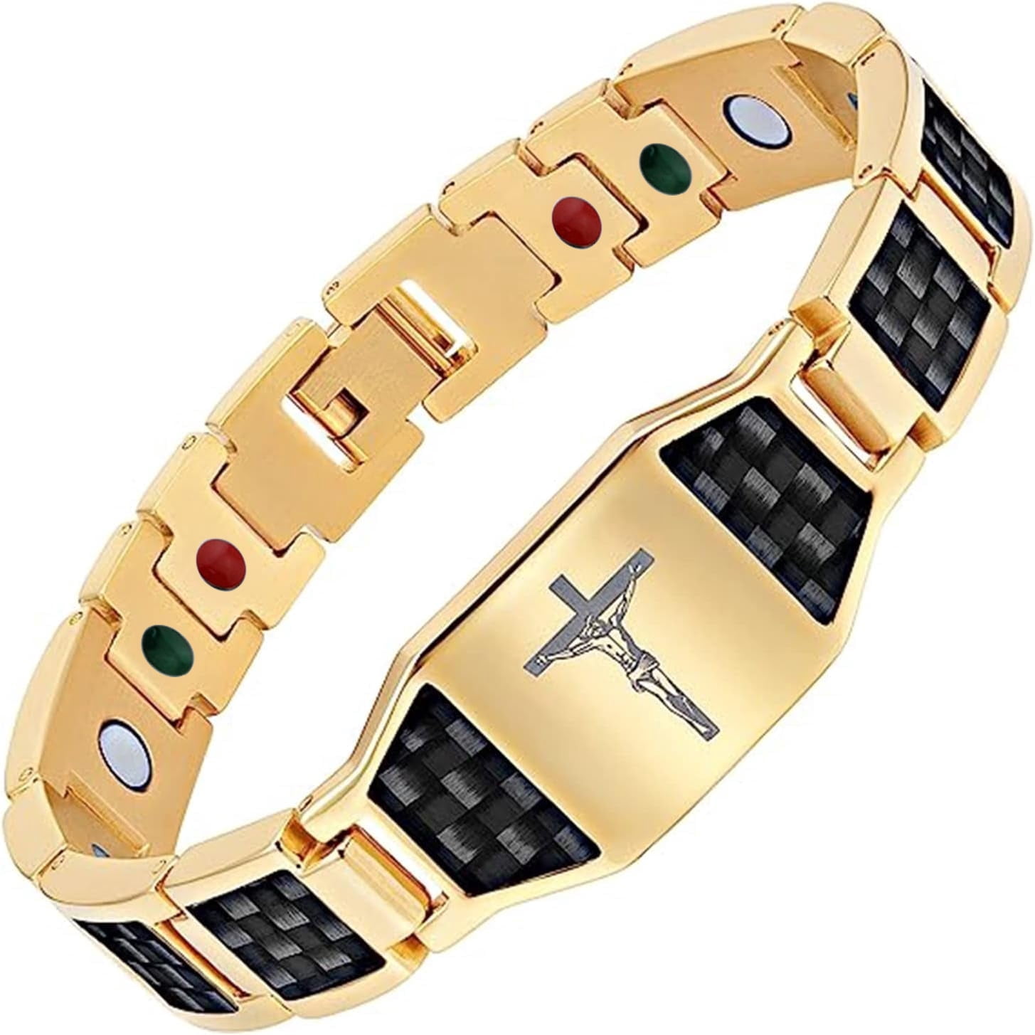 Wollet Stainless Steel Black Carbon Fiber Bracelet For Men, Crucifix Christian Religious Gift, Gold