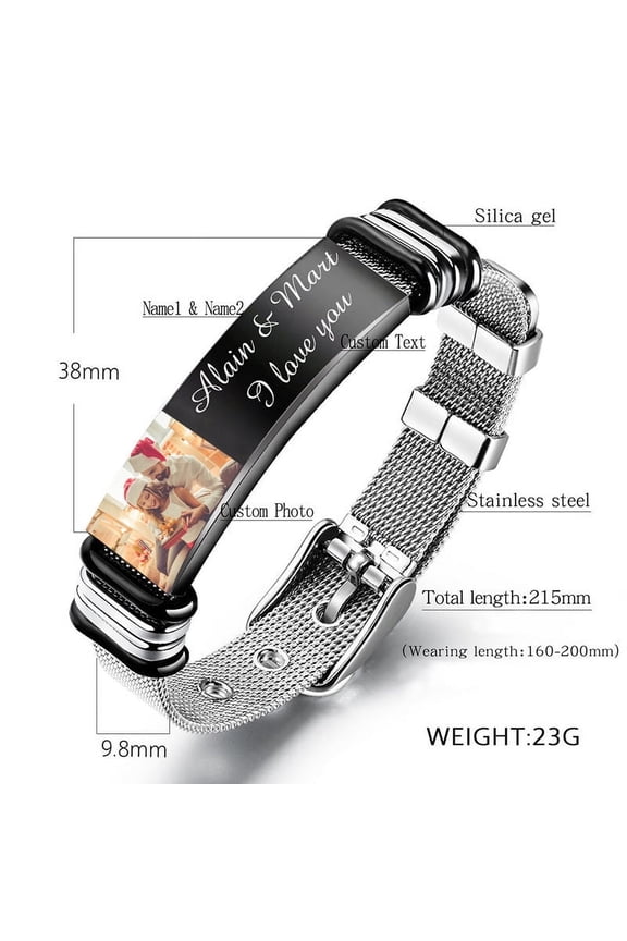 Wollet Stainless Steel Custom Bracelet for Men Women Couple, Send Text& Pics To Custom, Fashion Jewelry Custom Gift