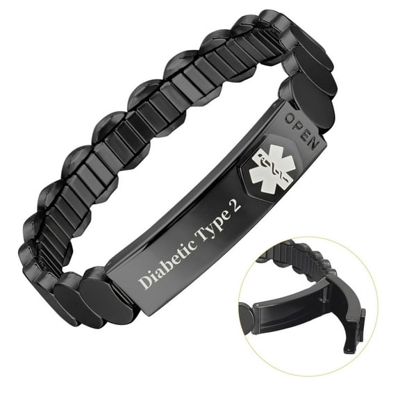 Wollet Stainless Steel Diabetic Type 2 Medical Alert Bracelet for Men Women, Black, 7.48"