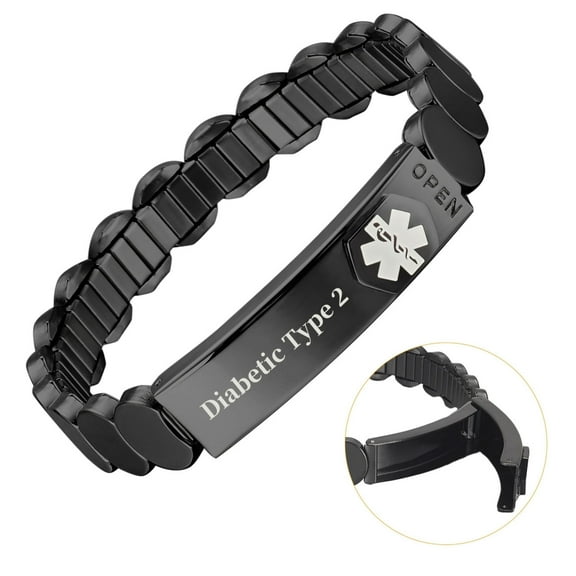 Wollet Stainless Steel Diabetic Type 2 Medical Alert Bracelet for Men Women, Black, 7.48"